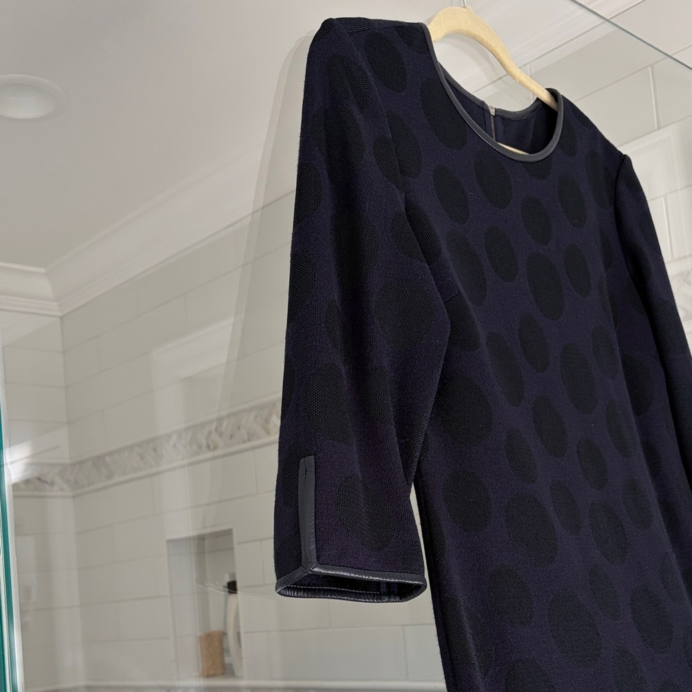 St. John Deep Blue with tonal polkadot Knit dress with leather trim
